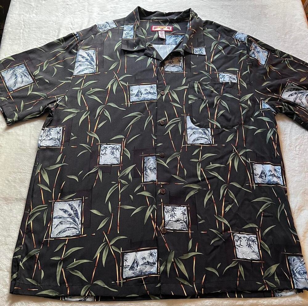 Caribbean Joe bamboo Hawaiian black button down shirt men's sz XXL Short Sleeve